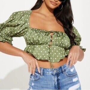 Sage Polka Dots Cropped Smocked‎ Back Blouse Top Size Large RefM010